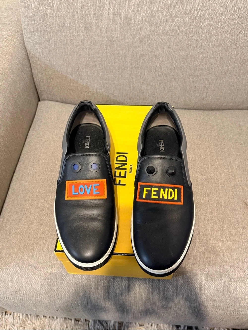 Fendi Black Leather Slip-On Sneakers with Colorful LOVE and FENDI Patches